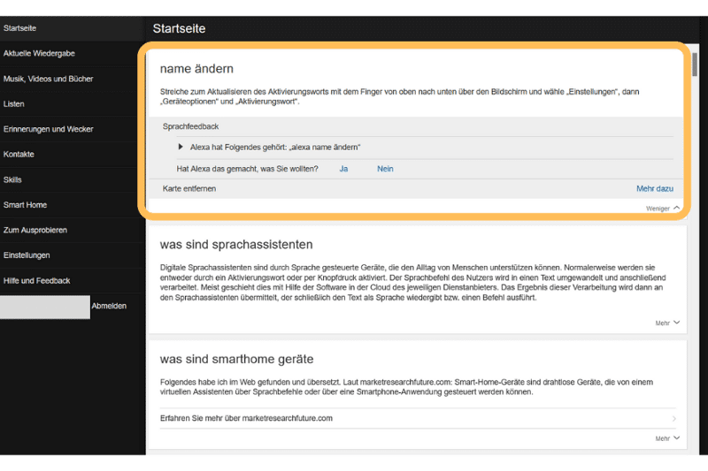 Auf der Website zu Amazon Alexa findest Du verschiedene Optionen und einen Verlauf Deiner zuvor gestellten Fragen